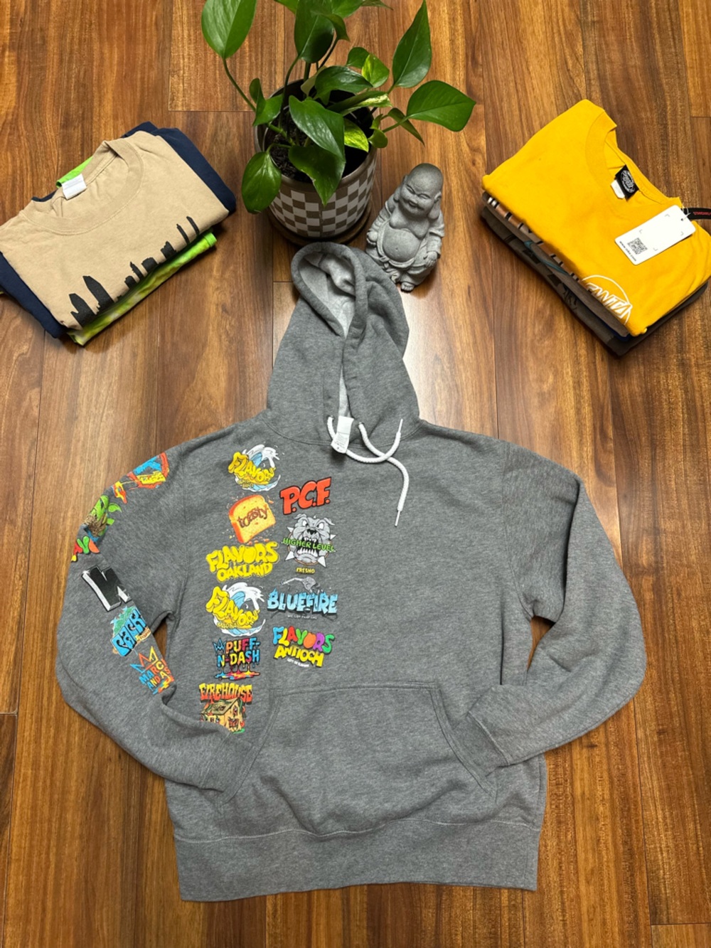 March and Ash Ash Grey Multi-Logo Graphic Hoodie - Small-UNISEX